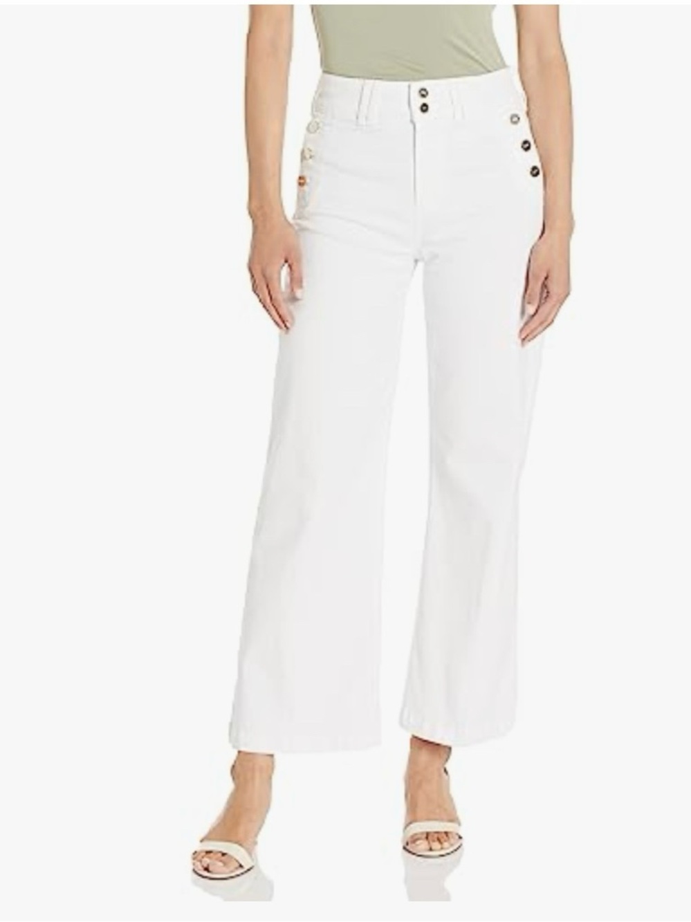 PAIGE White High-Rise Wide-Leg Crop Jeans with Sailor Buttons